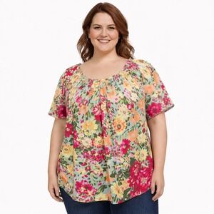 LC Lauren Conrad Size XXL Bright Colorful Floral Short Sleeve Blouse Bow Tie EUC